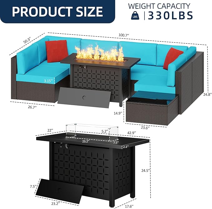 Vongrasig 8 Pieces Patio Furniture Set with 43" Fire Pit, Outdoor Couch Sectional Set, Small Conversation Set, 50,000 BTU Gas Fire Pit Propane Fire Table with Lid, Glass Wind Guard, Blue