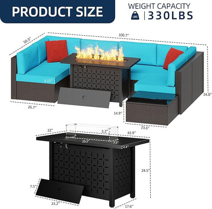 Vongrasig 8 Pieces Patio Furniture Set with 43" Fire Pit, Outdoor Couch Sectional Set, Small Conversation Set, 50,000 BTU Gas Fire Pit Propane Fire Table with Lid, Glass Wind Guard, Blue