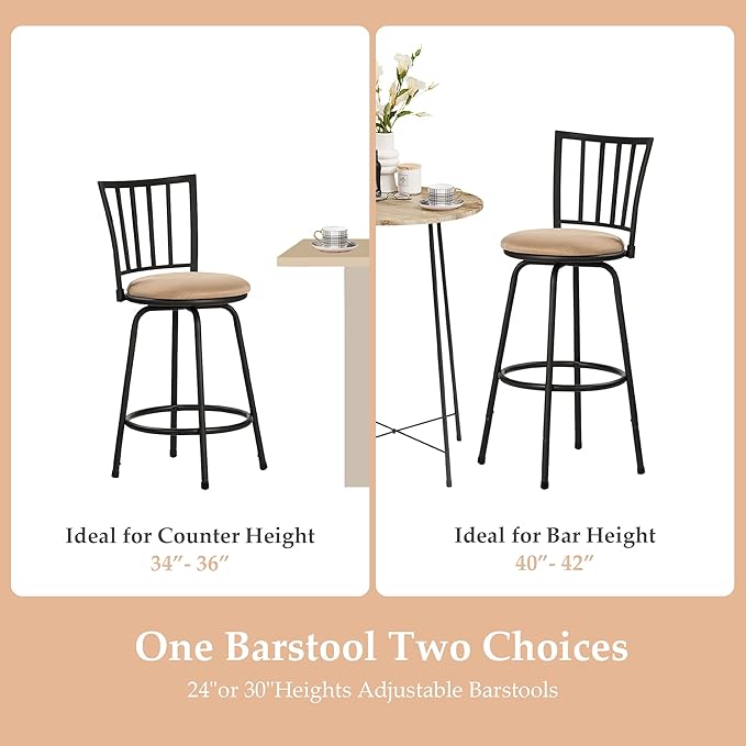 VECELO Bar Stools Adjustable Height Set of 2, 24/29" Barstool Swivel Counter Stool with Upholstered Seat and Footrest,Steel Bistro Pub Chairs, Island,Bar,Straight Line Backrest