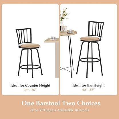 VECELO Bar Stools Adjustable Height Set of 2, 24/29" Barstool Swivel Counter Stool with Upholstered Seat and Footrest,Steel Bistro Pub Chairs, Island,Bar,Straight Line Backrest