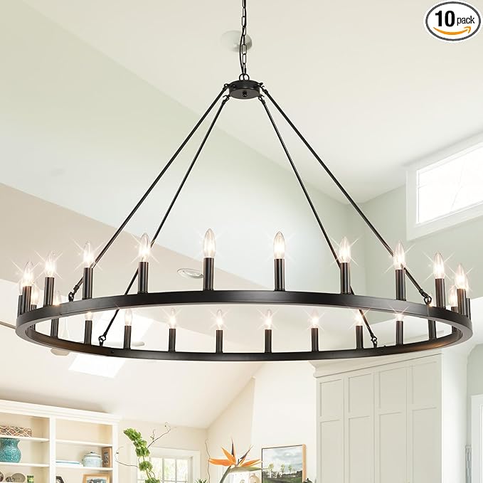 24-Light Black Wagon Wheel Chandelier, 54 Inch Large Chandeliers for High Ceilings, Farmhouse Dining Room Light Fixture, for Living Room, Foyer, Entryway