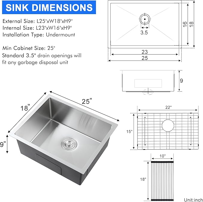MENATT 25x18 Inch Undermount Kitchen Sink, T-304 Stainless Steel Single Bowl with 3mm Thickened Flange & Roll-up Drying Rack, 9" Deep for Laundry, RV, Indoor/Outdoor Use