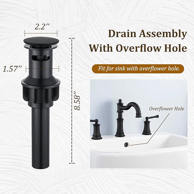 Roman Bathroom Sink-Faucet 3-Holes, Matte Black Rotated Spout Vanity Basin Faucets 3 Holes 2 Handles 8 inches Widespread Deck Mount Brass Faucet for Sink with Overflow Pop Up Drain NL2204-BK