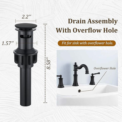 Roman Bathroom Sink-Faucet 3-Holes, Matte Black Rotated Spout Vanity Basin Faucets 3 Holes 2 Handles 8 inches Widespread Deck Mount Brass Faucet for Sink with Overflow Pop Up Drain NL2204-BK