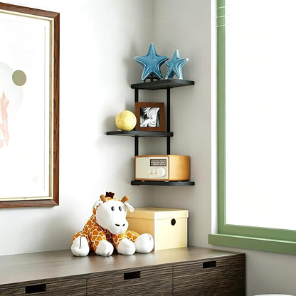 Love-KANKEI Corner Shelf Wall Mount of 3 Tier Rustic Wood Floating Shelves for Bedroom Living Room Bathroom Kitchen Office and More Black