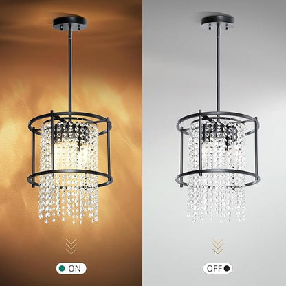 YITAHOME 4-Light Dining Room Crystal Light Fixture, 11.8 inch Round Farmhouse Chandelier Black Metal Pendant Light for Kitchen Island Dining Room Living Room