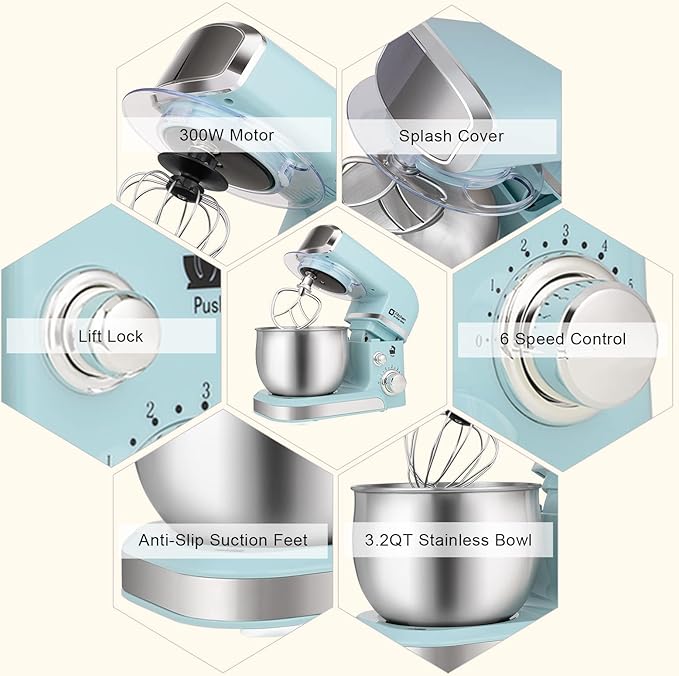 Kitchen in the box Stand Mixer,3.2Qt Small Electric Food Mixer,6 Speeds Portable Lightweight Kitchen Mixer for Daily Use with Egg Whisk,Dough Hook,Flat Beater