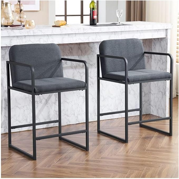 Bar Stools Counter Height Set of 2, Upholstered with Armrests - Dark Gray Kitchen Island Chairs, Metal Frame Dining Stools for Home Bar, Restaurant, Pub