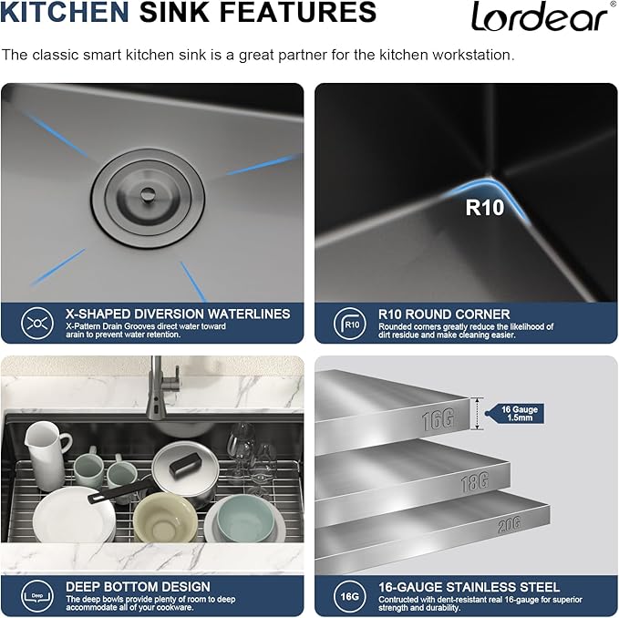 Lordear 36 Inch Kitchen Sink Black Undermount Kitchen Sink Workstation 16 Gauge Stainless Steel Single Bowl with Built-in Accessories, 36x19x9 Inch Gunmetal Black Nano-pvd