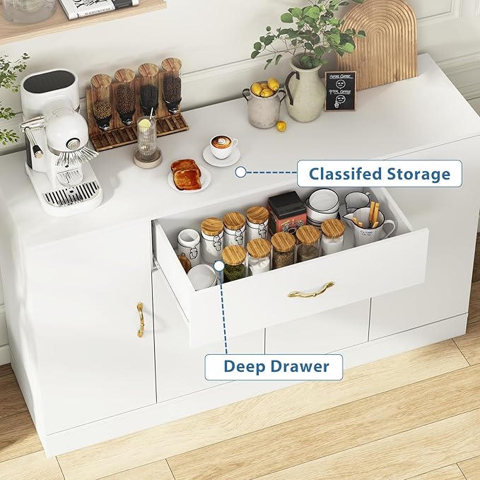 55" Kitchen Pantry Cabinet, Large Storage Cupboard with Doors and Shelves, White Kitchen Storage Cabinet with Drawer, Versatile Buffet Sideboard for Dining Room and Craft Room