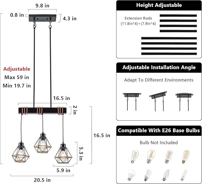3 Light Kitchen Island Lighting, Farmhouse Chandeliers for Dining Room Light Fixtures Over Table, Modern Wood Pendant Lights Kitchen Island with Metal Lampshade