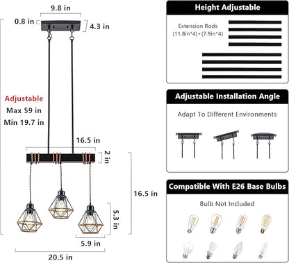3 Light Kitchen Island Lighting, Farmhouse Chandeliers for Dining Room Light Fixtures Over Table, Modern Wood Pendant Lights Kitchen Island with Metal Lampshade