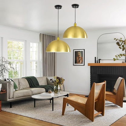 Gold Pendant Light, 16" Farmhouse Ceiling Light with Gold and White, Elegant Semi-Circular Shade Design, Adjustable Height Industrial Dome Pendant Lights for Kitchen Island, Dining Room