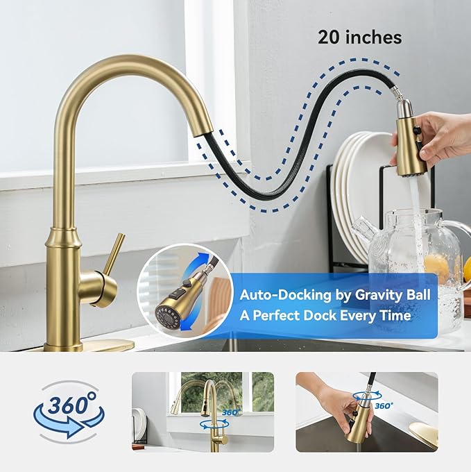 Gold Kitchen Faucet with Sprayer,Single Handle Kitchen Sink Faucet with Pull Out Sprayer, Champagne Bronze, Arofa Brushed Gold Brass Faucets for RV/Outdoor/Bathroom Sink
