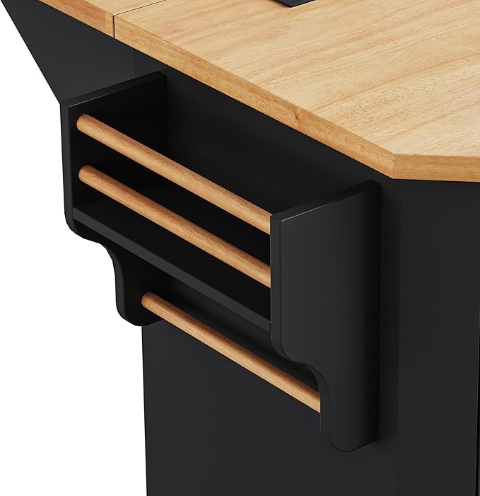 Ball & Cast 56" Large Kitchen Island with Drop Leaf and Power Outlet,Rolling Kitchen Cart on 4 Wheels W/ 6 Drawers,Folding Storage Dining Table W/Spice & Towel Rack,for Kitchen,Dining Room,Black