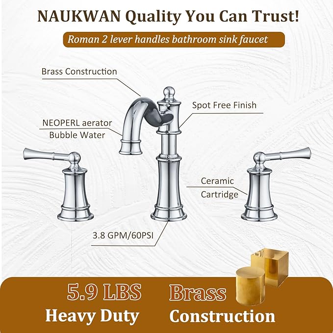 Roman Bathroom Sink-Faucet 3-Holes, Rotated Spout Vanity Basin Faucets 2 Handles 8 inches Widespread Deck Mount Brass Faucet for Sink with Overflow Pop Up Drain Polished Chrome NL2204-CP