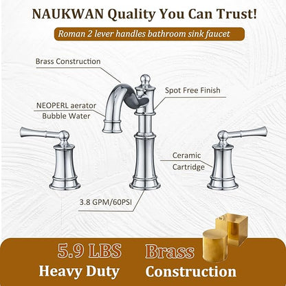 Roman Bathroom Sink-Faucet 3-Holes, Rotated Spout Vanity Basin Faucets 2 Handles 8 inches Widespread Deck Mount Brass Faucet for Sink with Overflow Pop Up Drain Polished Chrome NL2204-CP