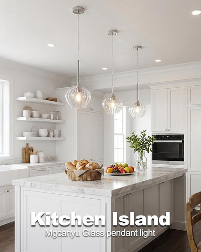 2-Pack Glass Pendant Lights Kitchen Island, 7" Modern Brushed Nickel Pendant Lighting Small Hanging Light Fixtures for Kitchen, Dining Room, Bathroom, Bedroom