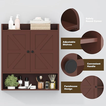 EasyCom 22" W x 26" H Bathroom Wall Cabinet, Farmhouse Medicine Cabinet with Adjustable Shelves and 2 Barn Doors, Over The Toilet Storage Cabinet for Bathroom, Kitchen, Living Room, Russet