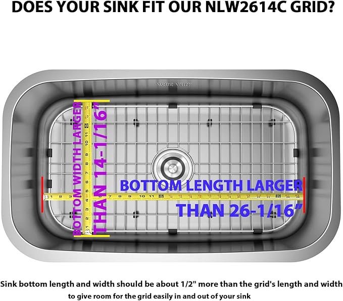 Serene Valley Sink Protector Grid 26-1/16" x 14-1/16", Centered Drain with Corner Radius 3-1/2", 304 Stainless Steel Material NLW2614C