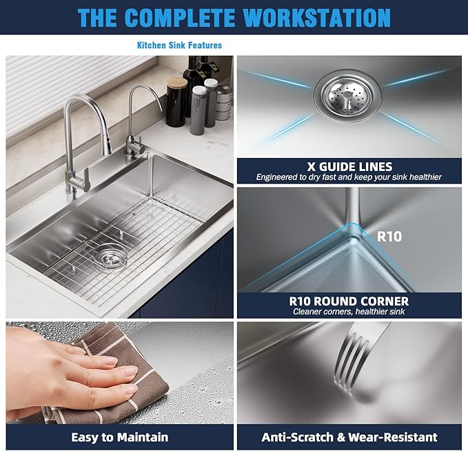 33 Undermount Kitchen Sink Modern - 33x22 Drop-in Kitchen Sinks, 18 Gauge 304 Stainless Steel Workstation Sink, Deep Single Bowl, Dual Mount, Handmade Basin, 9 Inch Deep, Built-In Accessories
