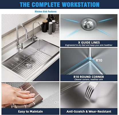 33 Undermount Kitchen Sink Modern - 33x22 Drop-in Kitchen Sinks, 18 Gauge 304 Stainless Steel Workstation Sink, Deep Single Bowl, Dual Mount, Handmade Basin, 9 Inch Deep, Built-In Accessories