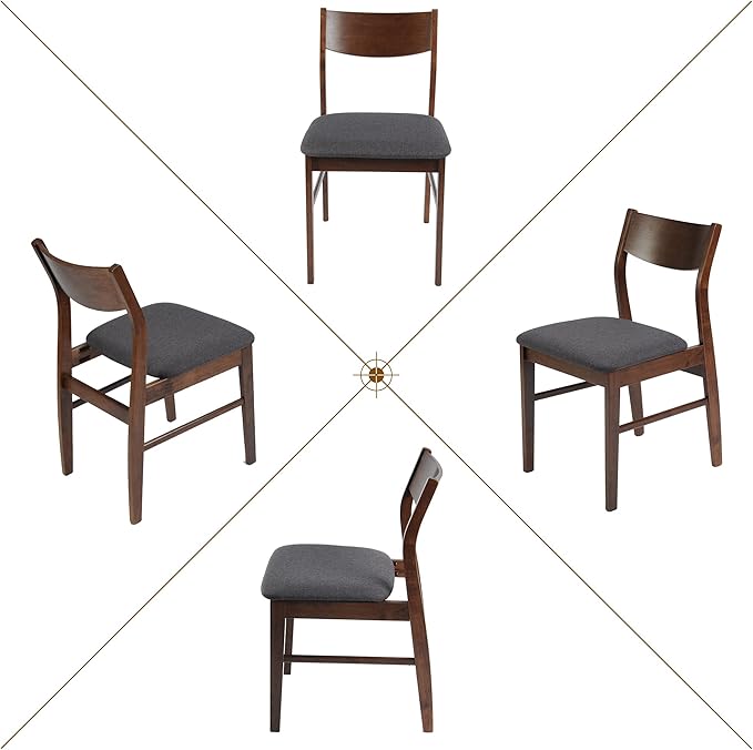 Wood Kitchen Dining Set of 2 Mid-Century Farmhouse Chairs With Upholstered Seat & Curved Backrest - Solid Wooden Brown