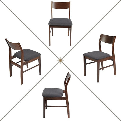 Wood Kitchen Dining Set of 2 Mid-Century Farmhouse Chairs With Upholstered Seat & Curved Backrest - Solid Wooden Brown