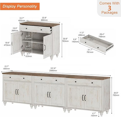 WAMAPT Buffet Cabinet with 6 Doors and 4 Drawers, Large Coffee Bar Table Wood Kitchen Storage Cabinets with Storage Cabinets, Modern Farmhouse Sideboard Credenza, Rustic White, 101 inch