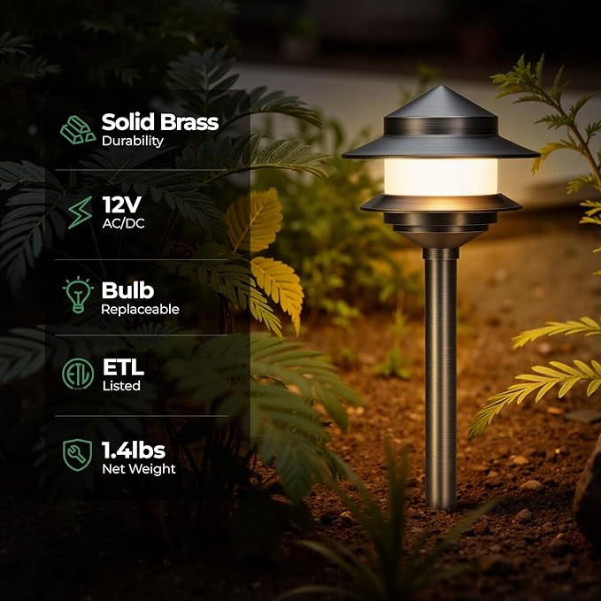 Gardencoin Pagoda Solid Brass Low Voltage Landscape Pathway Lights, 12V LED Heavy Duty Path Lighting Outdoor Wired, Waterproof Antique Bronze Walkway Lights, 6 Pack Without G4 Bulb