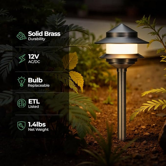 Gardencoin Pagoda Solid Brass Low Voltage Landscape Pathway Lights, 12V LED Heavy Duty Path Lighting Outdoor Wired, Waterproof Antique Bronze Walkway Lights, 6 Pack Without G4 Bulb