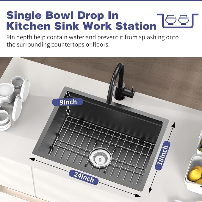 Black Kitchen Sink With Dual Cover,24"x18" Stainless Steel Undermount Single Bowl Kitchen Sink Built-in Ledge Drop In Workstation Sink Fully Covering Sink To Create Temporary Workspace/Drainage Area