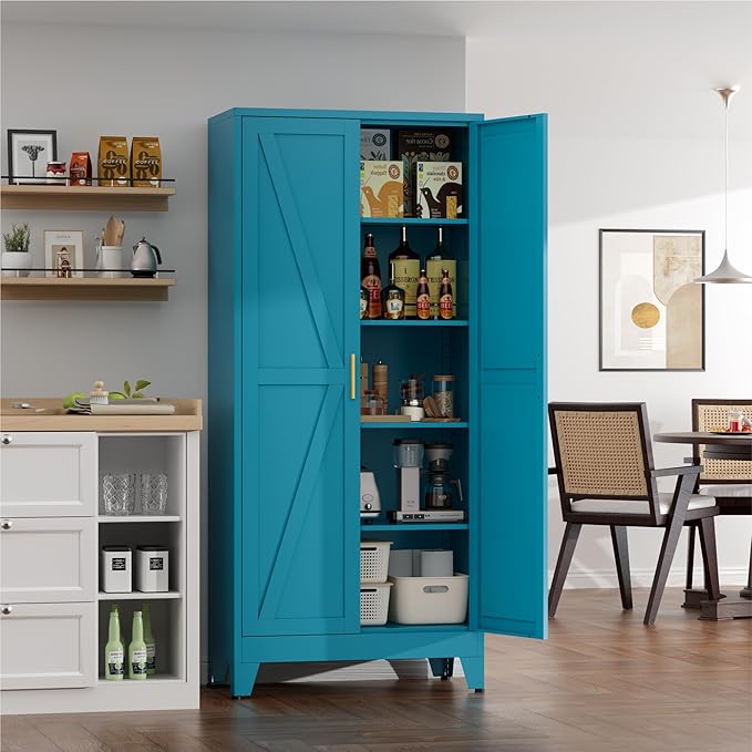 Farmhouse Pantry Cabinet with Barn Doors, 71" H x 31.5" W, 5-Tier Metal Storage Cabinet with 4 Adjustable Shelves for Kitchen Garage Dining Room,Blue 1 Pack
