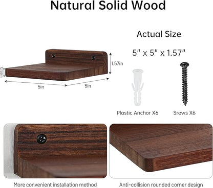 Small Floating Shelves,5x5 Inch Display Ledges for Wall,Set of 6 Mini Shelf,Rustic Wood Shelf for Bedroom Living Room Kitchen -Dark Walnut