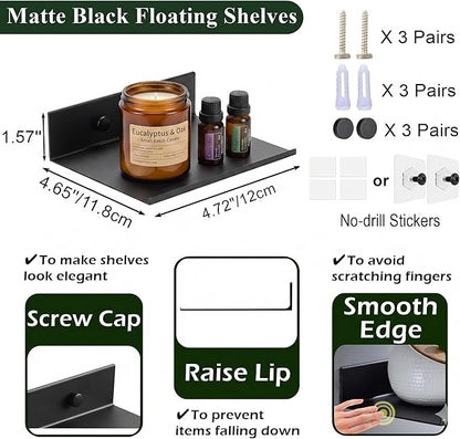Z metnal Small Floating Shelves for Action Figures & Collectibles, No Drill Mini Metal Wall Display Shelf for Gaming Room & Bedroom Decor, Aluminum, 4.7", Black, 2 Pack