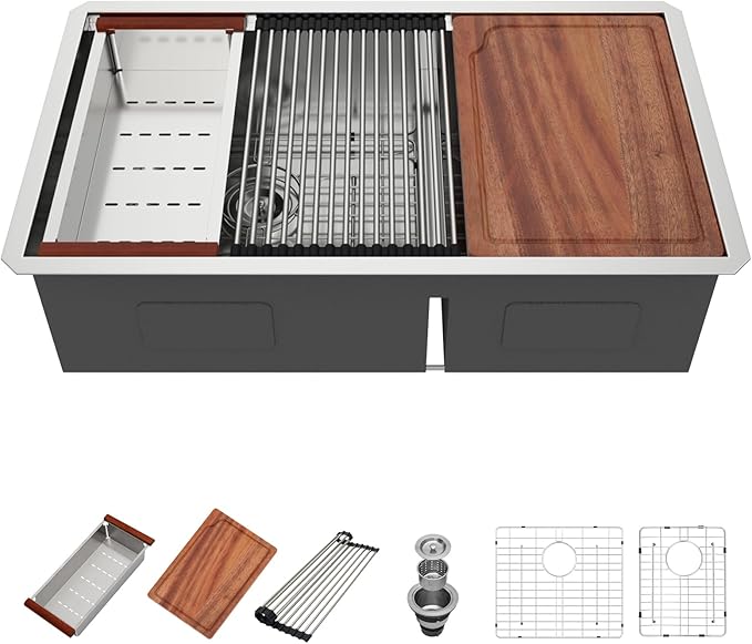 33 Undermount Kitchen Sink - 33x19 Double Bowl Kitchen Sinks Workstation 16 Gauge Stainless Steel Sink Low Divide Double Basin 60/40