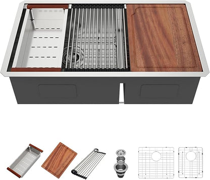 33 Undermount Kitchen Sink - 33x19 Double Bowl Kitchen Sinks Workstation 16 Gauge Stainless Steel Sink Low Divide Double Basin 60/40