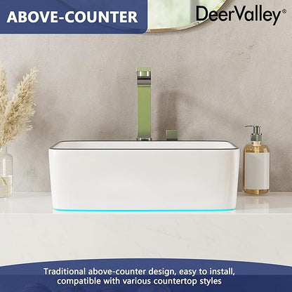 DeerValley Liberty 16x12 Inch Rectangular Vessel Sink, White Ceramic Bathroom Sink with Black Striped Border, Above Counter Basin, DV-1V0317