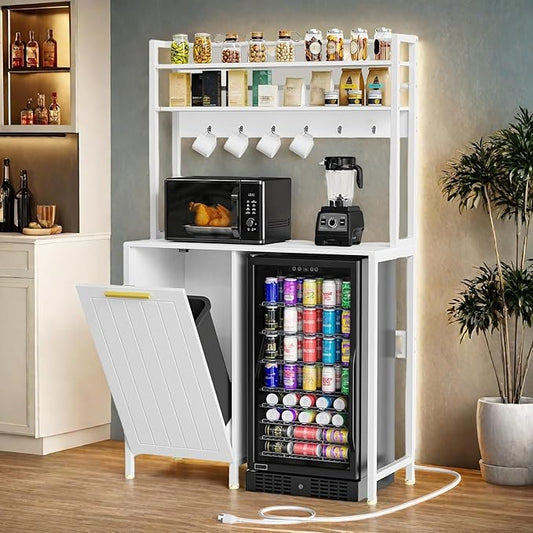 YITAHOME Storage Cabinet with Doors & Led Light, Modern Tall Pantry Cabinet with Adjustable Shelves, Wooden Freestanding Cabinet Organizer for Kitchen,Dining Room,Bathroom,Living Room,Bedroom, White
