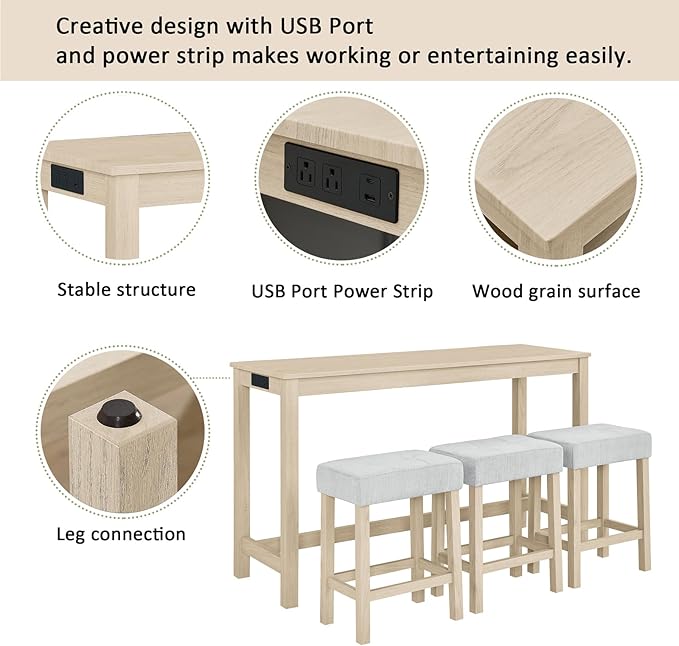 HMFULE 59'' Bar Table and Chairs Set with Power Outlet, Industrial Breakfast Table Set with 3 Padded Stools, Solid Wood Console Table Set for Living Dining Room, Light Oak