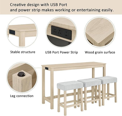HMFULE 59'' Bar Table and Chairs Set with Power Outlet, Industrial Breakfast Table Set with 3 Padded Stools, Solid Wood Console Table Set for Living Dining Room, Light Oak