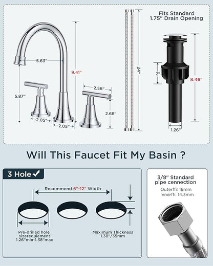 FORIOUS Chrome Bathroom Faucet Vanity 3 Holes, 8 Inch Widespread Polished Chrome Faucet for Bathroom Sink 3 Piece with Pop-up Drain and 360 Degree Swivel Spout, Silver Rv Lavatory Tap