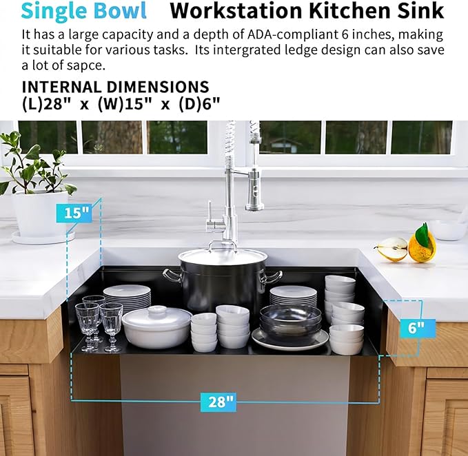Black Undermount Kitchen Sink 30 x 18 Inch,16 Gauge 304S Stainless Steel Workstation Sinks with Ledge & Accessories, 30" x 18" x 6" ADA-Compliant Kitchen Sink, 6 Inch Deep ADA Black Sink