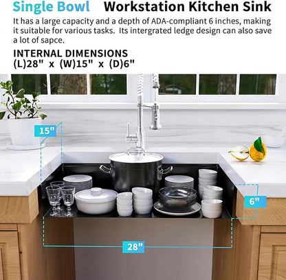 Black Undermount Kitchen Sink 30 x 18 Inch,16 Gauge 304S Stainless Steel Workstation Sinks with Ledge & Accessories, 30" x 18" x 6" ADA-Compliant Kitchen Sink, 6 Inch Deep ADA Black Sink