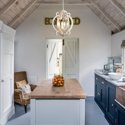 ALISADABOY Dining Room Chandelier Farmhouse Rustic White Wood Light Fixture Antique Orb Pendant Lighting for Kitchen Island Living Room Bedroom Entryway Foyer Staircase, 4 Light