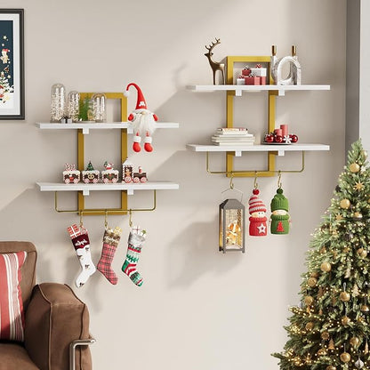 Creso hom Floating Shelves, 15" Wall Shelf Set of 2, Hanging Bathroom Shelves 2-Tier, Wall Mounted Storage Shelves, for Living Room Bedroom Bathroom Kitchen Office Coffee Bar, White and Gold
