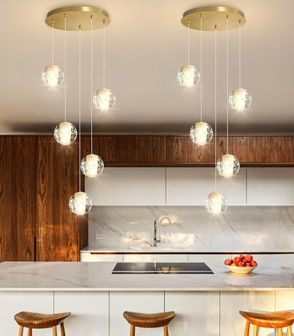 HAIXIANG 5 Lights Globe Chandelier Modern Crystal Glam Light LED Warm Light Pendant Lights for Dining Room Kitchen Island Antique Gold Lighting Fixture