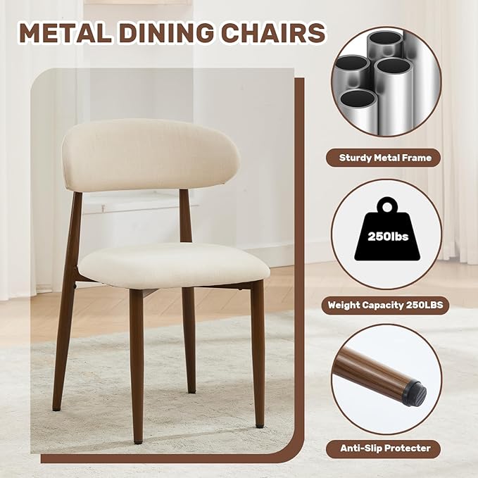 UVV Dining Chairs Set of 6, Metal Kitchen Chairs with Modern Fabric Upholstered for Dining Room, Beige