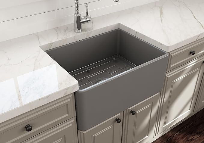 BOCCHI Classico Farmhouse Apron Front Fireclay 24 in. Single Bowl Kitchen Sink with Protective Bottom Grid and Strainer in M.Gray