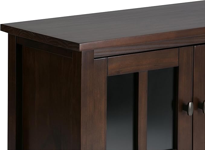 SIMPLIHOME Warm Shaker Storage Cabinet - 32 inch Wide Solid Wood 2-Shelf Low Storage Cabinet in Tobacco Brown, Transitional Accent Cabinet for Entryway with Tempered Glass Doors and Shelves